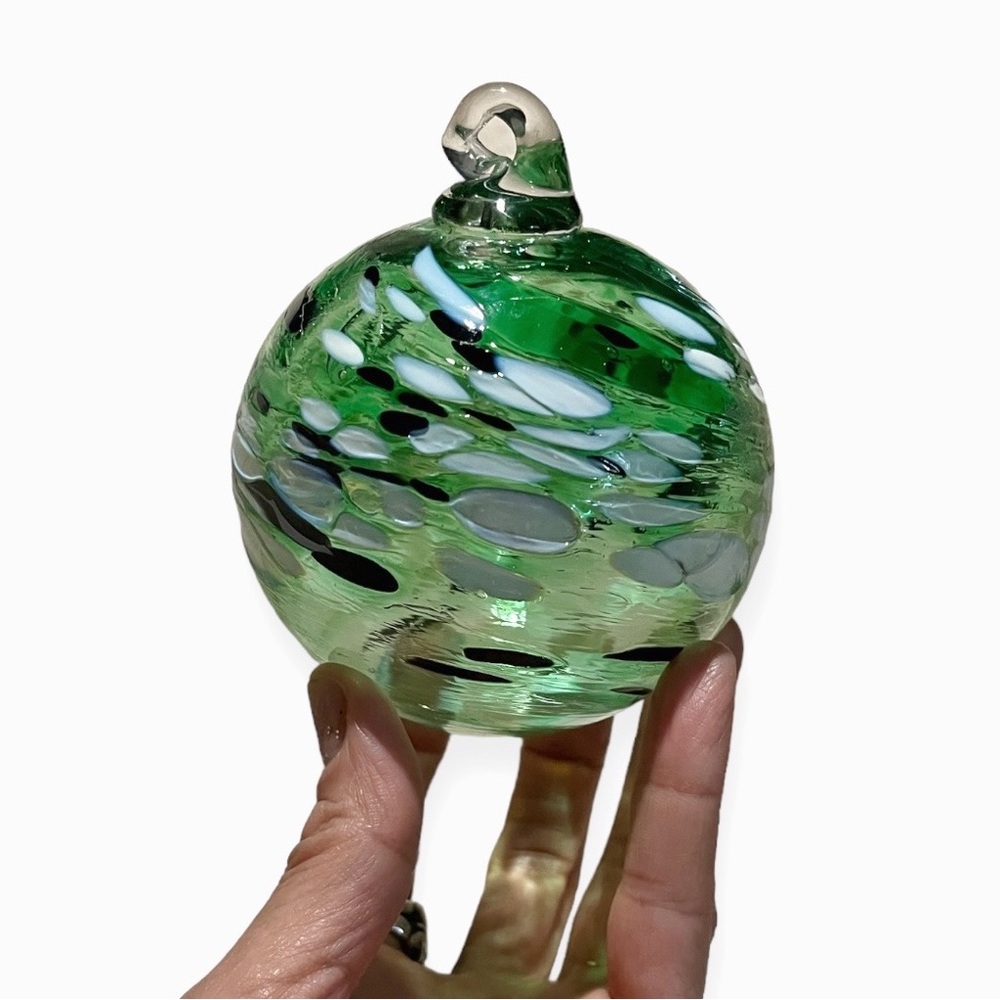 Vintage Eric Cortina Hand Blown Art Glass 3.5" Green/White/Black Glass Ornament